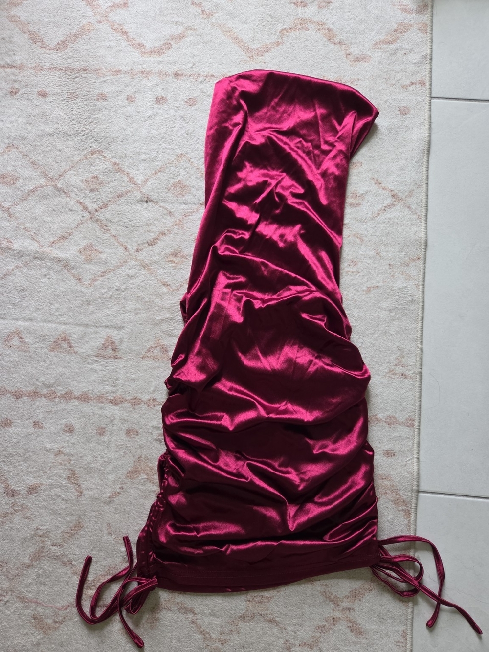 Burgundy Strapless Ruched Satin Midi Dress with Lace-Up Back - Picture 4 of 5